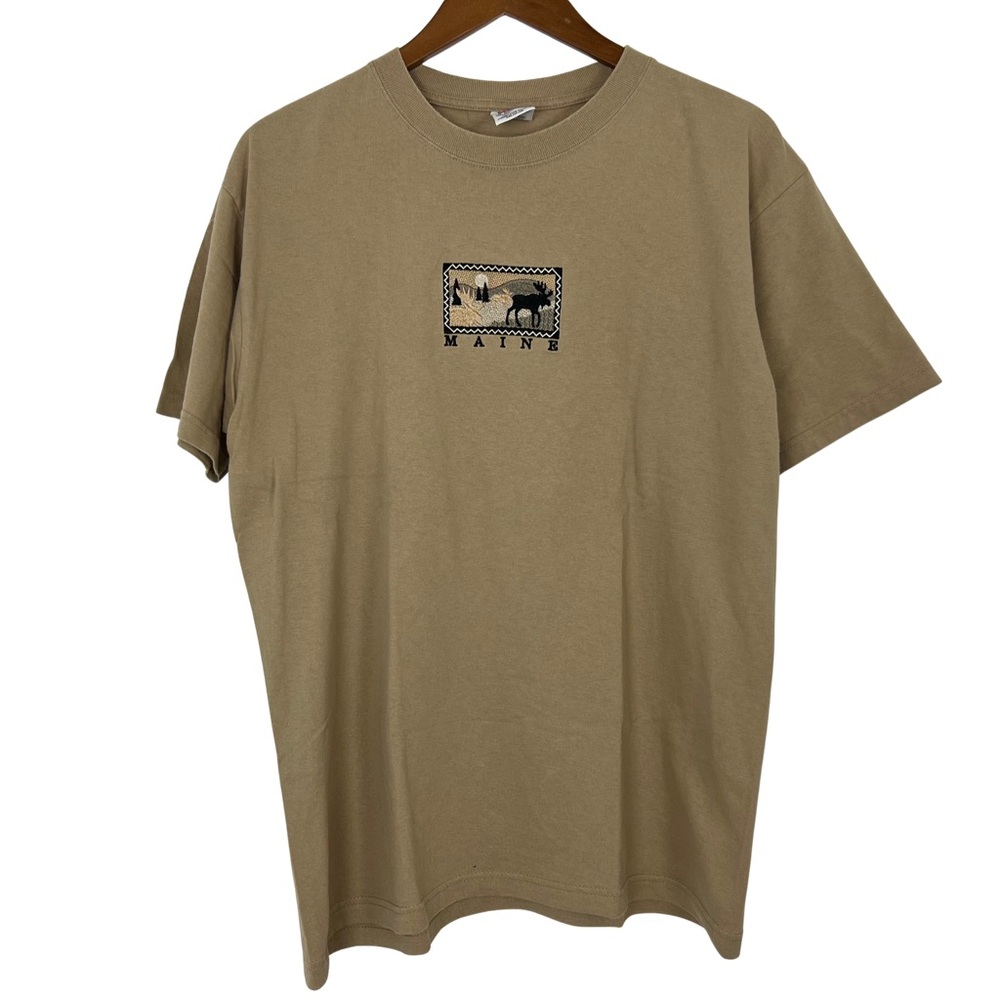 Vintage Anvil Beige Tan Maine Moose Graphic Tee Cotton 90s/00s Y2K Size Large